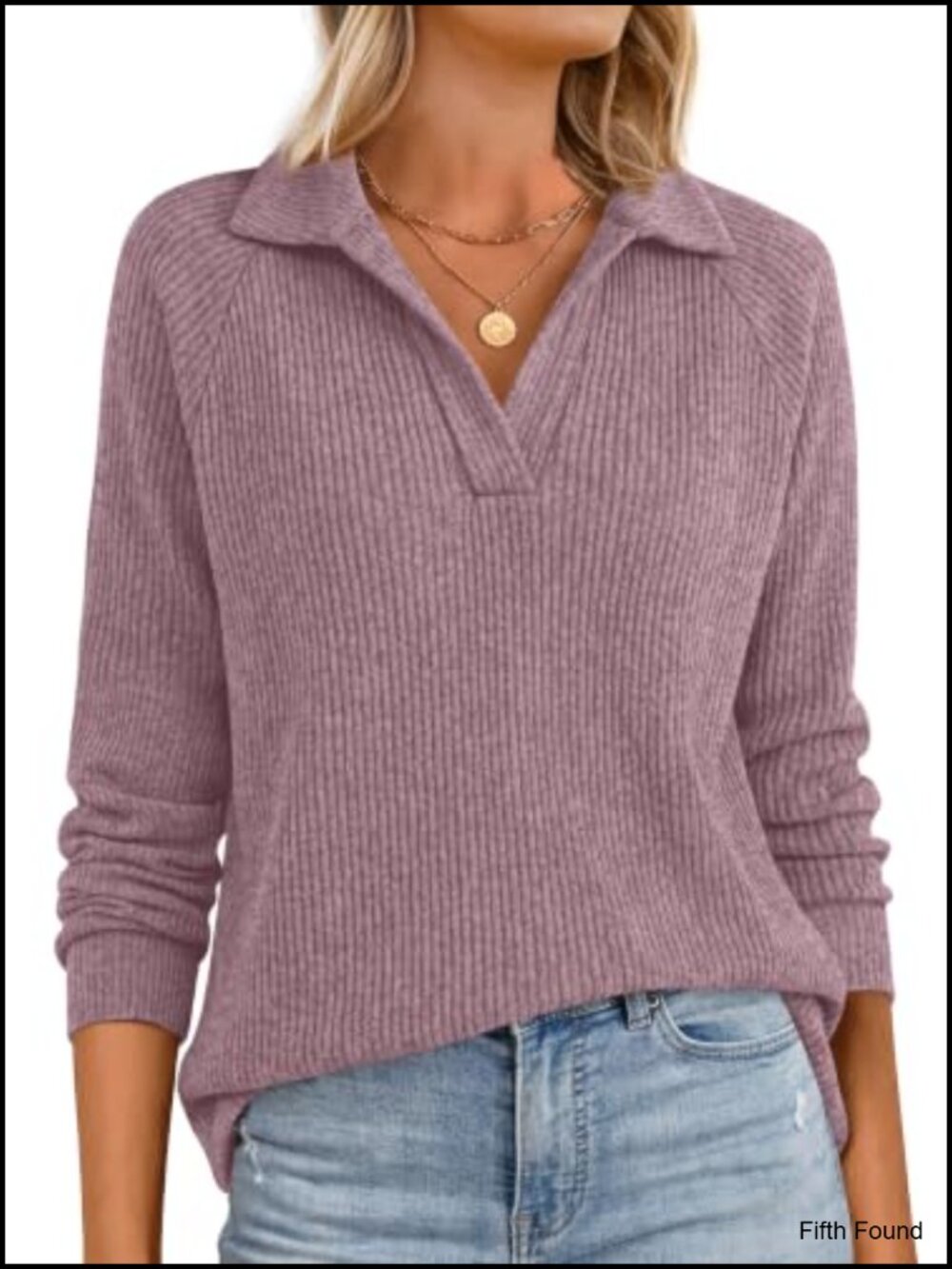 Long Sleeve V Neck Polo Shirt Ribbed Knit Pullover Top Fall